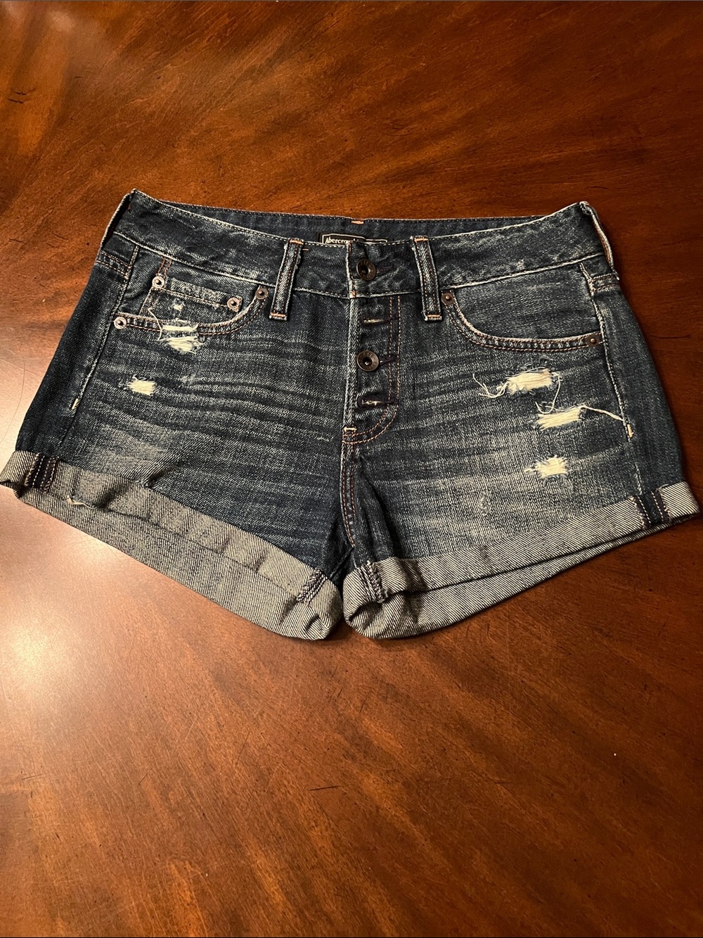 Abercrombie & Fitch Dark Blue Distressed Rolled-Hem Denim Shorts